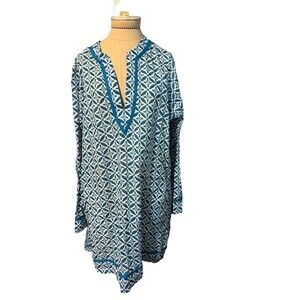 Lands' End Beach Dress Coverup Blue White Floral All Cotton Long Sleeves Large
